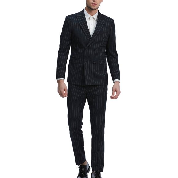 Navy Pinstripe Double Breasted Peak lapel Skinny Fit Men's Suit